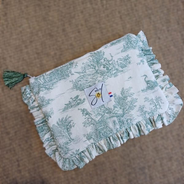 Pochette à volants toile de jouy verte